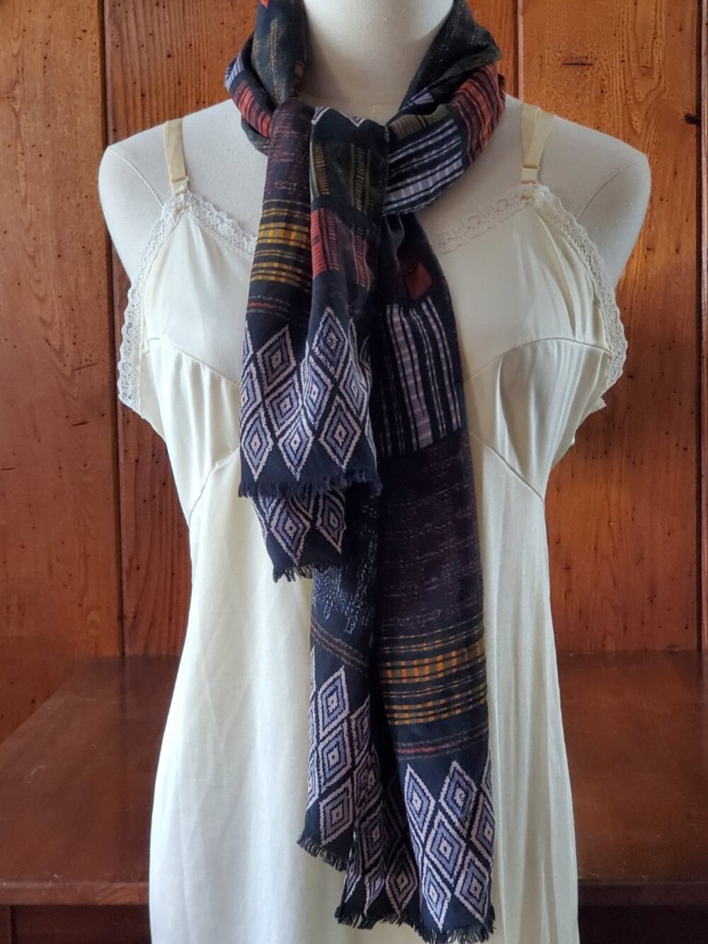 Vintage Ann Taylor Silk Scarf Oblong Geometric Patchwork Diamond Fringe 15x56